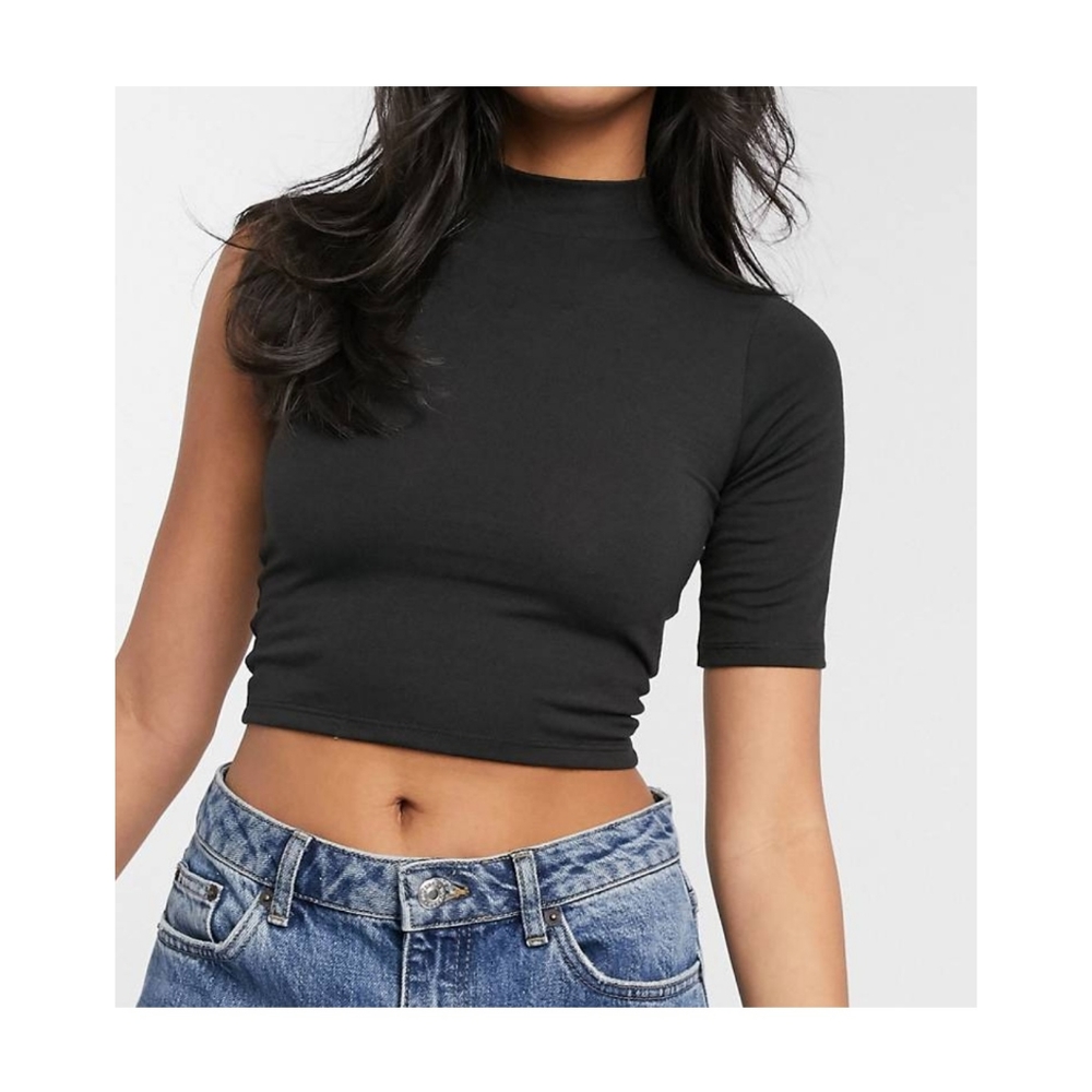 One sleeve high neck crop top